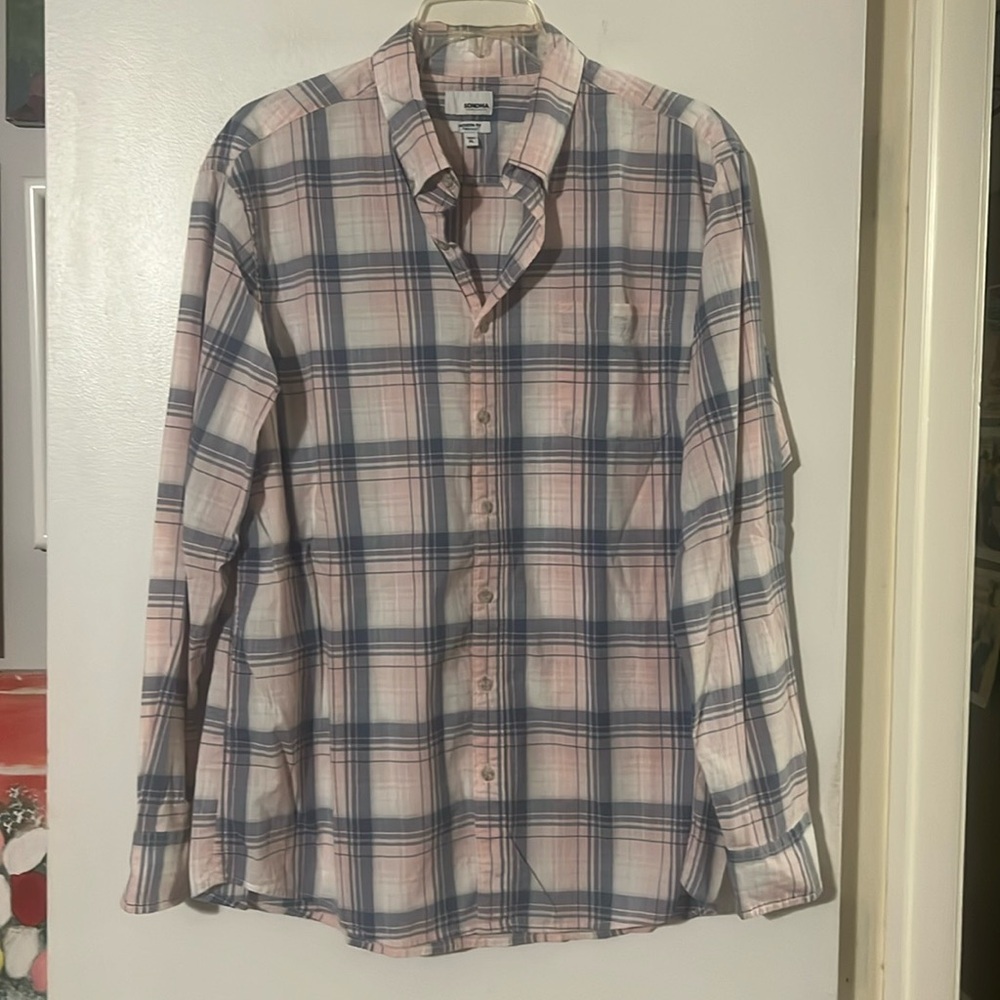 Sonoma modern fit flex wear pink/blue plaid long sleeve button down collar shirt